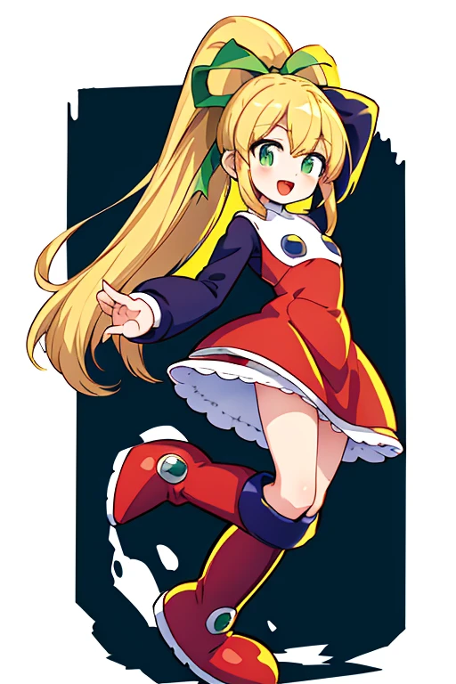 masterpiece, high quality, megamanroll, 1girl, solo, green eyes, blonde hair, ponytail, ribbon, boots, dress, smile, long hair, knee boots, full body, white background, red dress, hair ribbon, arm up, red footwear, long sleeves, red skirt, :d, green ribbon, looking at viewer, sidelocks, skirt, jump up and down, close your mouth