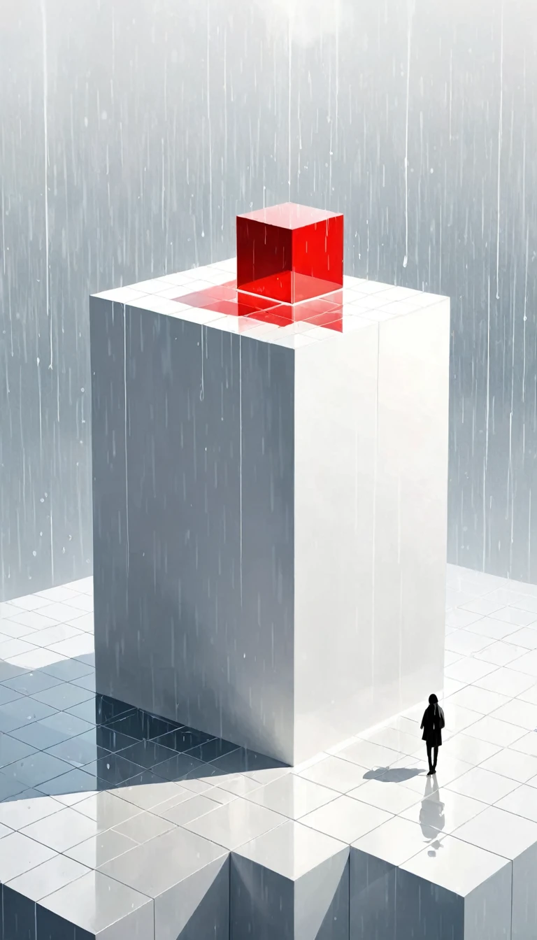 simple,Minimalist illustration,geometry,cube,Light and Shadow,one把红色rain伞, figure on a high place,Lots of white space,rain