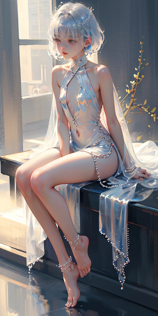 A girl、symmetry,Daughter,whole body 女恋,Put your hands together and bloom,(Very detailed:1.1),((small :1.2))、The eyes are well drawn、Charming eyes、Double tail、Wear jewelry and pearls around your neck,Transparent openwork、Deep V、Crystal Pearls、在Wear jewelry and pearls around your neck,white hair, show your thighs, Bare shoulders, Show Clavicle, Yao Liu, barefoot,((whole body))、painful posture