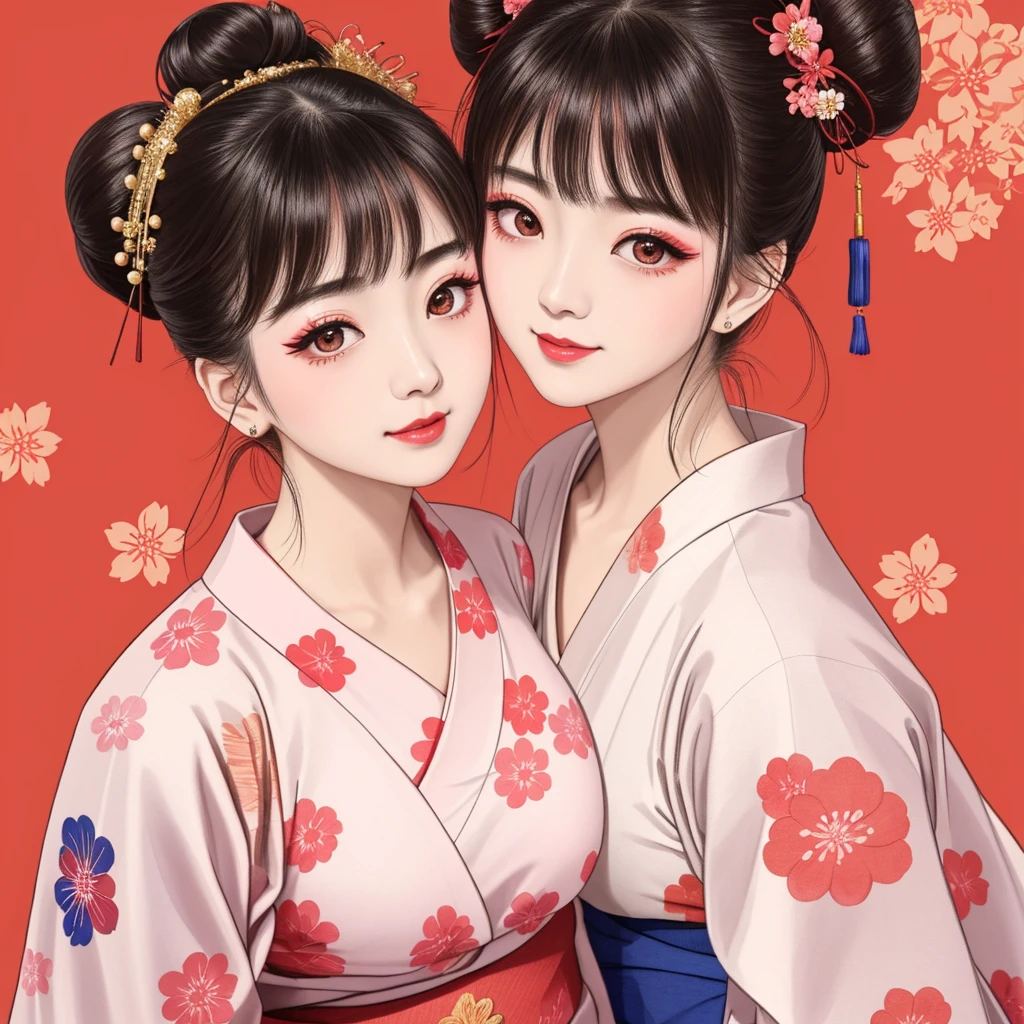 Each has a different expression２People and sisters、(２ girls）、｟Dancing traditional arts with grace)、((Big Breasts、Small Face、Not exposed))、Highest quality、masterpiece、（Black Hair、Bun Hair）、Brown Eyes、｟Wide angle、Angle from above the waist、雑誌の表紙のPause、Their gazes are different, staring into the distance｠、(８K High Quality、masterpiece、High resolution、Realistic and beautiful light and shadow、(Highest quality)、(High Resolution)、(Very delicate and beautiful)、(Beautiful 8k face)、(With a smile、Beautiful eyes)、(Clear skin)、(Soft hair)、(８Head to Body)、(A Japanese-style yukata kimono with red, pink, orange and blue floral patterns on a white background, interspersed with gold powder、Wearing a yukata２Beautiful Japanese girls)、((Tanabata decoration background))、((Small Face))、(arms up)、Thin and small nose、（Red lipstick）、（Make your cheeks red）、（Glossy skin）、((Ink painting style))、Very thin eyebrows、Overall ultra-high image quality、（She is wearing maiko-style makeup.）、Whitening、Long and beautiful eyelashes、Glowing Skin、（Red cheeks）,Straight nose、masterpiece、Highest quality、whole body、 Eyebrows visible through hair、Bun Hair、Grin、Gal、コGal、Viewer&#39;s Eyes、Plaid、Stylish、woman、fine、Pause、
Waiting to start 
