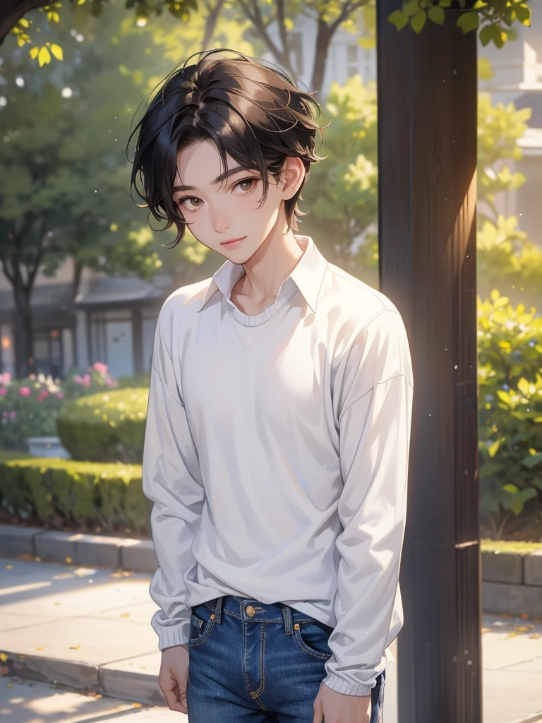 1 boy, 16 years old, short hair, black hair, slightly messy hair, brown eyes, chinese face shaped, white skin, gentle smile, wear casual attire, (((pencil jeans))), (((white shirt))), (((sweater))), background at the park