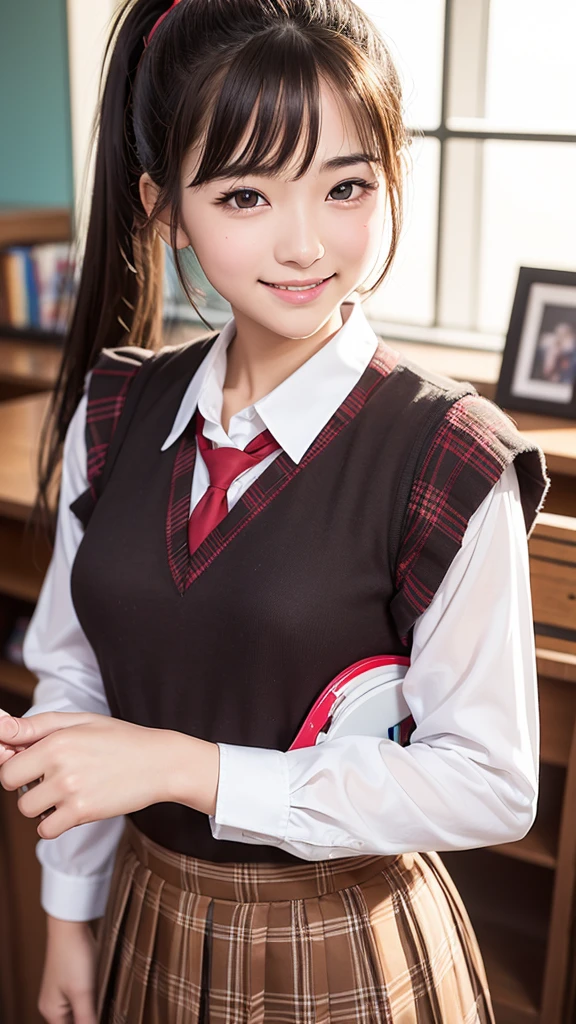 Best quality, masterpiece, ultra-high resolution, 8K, (reality: 1.4), RAW shooting, most detailed face, very detailed and perfect anatomy, live photography; most beautiful face; shining skin; one 18-year-old Japanese.My bangs and eyes are big and cute.It has brown eyes, gentle eyes, long brown hair, a young face, and a large chest.E-cup. Look at the audience.angelic smile.Cosplay, Japanese high school girls, glossy white short-sleeved shirts, red ribbons, plaid pleated skirts, and a ponytail.((a smiling face))school library.