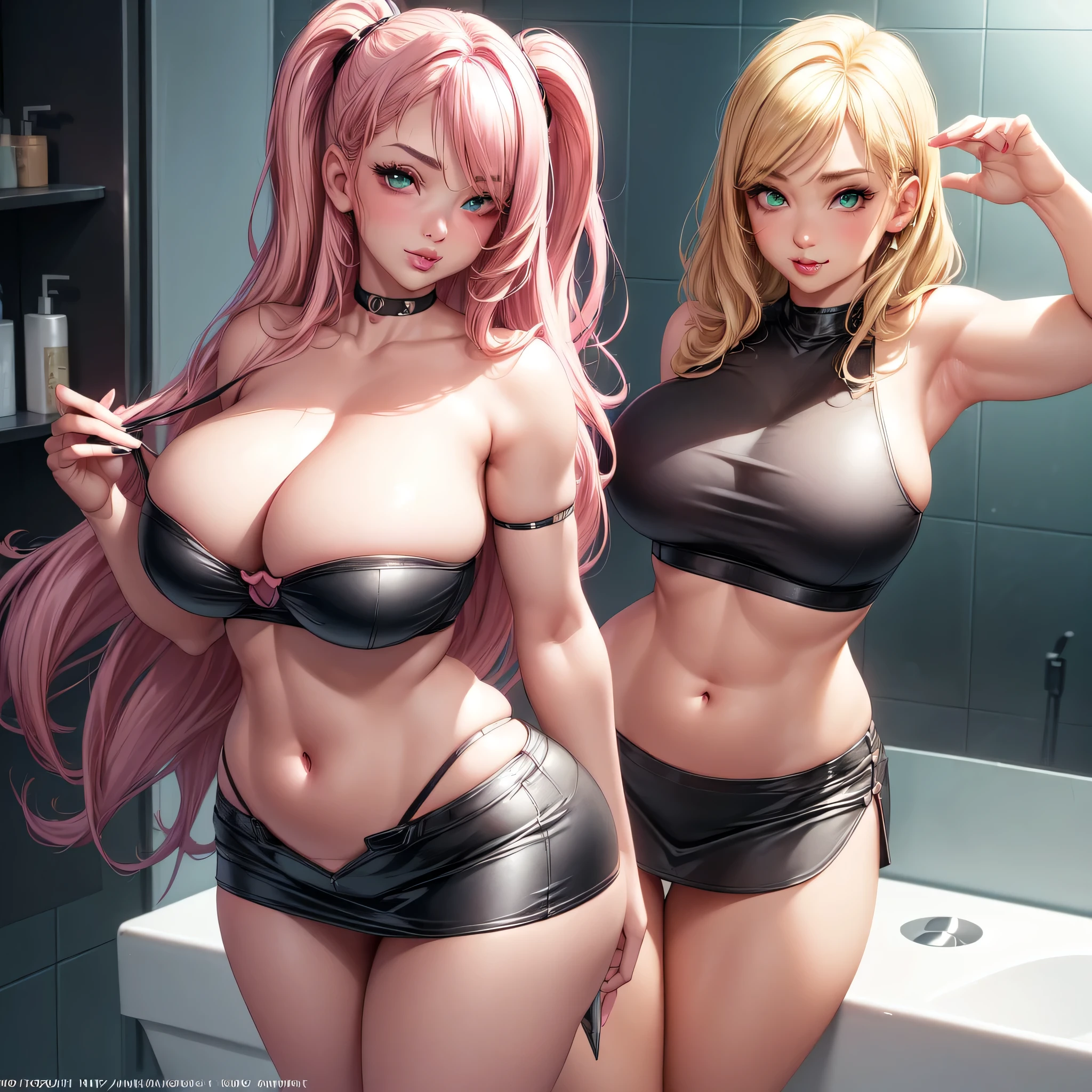 ((1 girls), solo, clevage, Big round breasts, trendy, stylish, clevage, thighs, hips, realistic, pink hair, blonde hair, light green eyes, lip gloss, detailed face, amazing big eyes, eye details, big lips, eyebrow details, pink mini skirt, crop top blush, confident, dominant, bdsm, smirk, naughty, mischevious face, HD, good quality, curvy, standing up, thick thighs, attractive, amazing body, perfect body, slim thick, indoors, black bra, bathroom sink