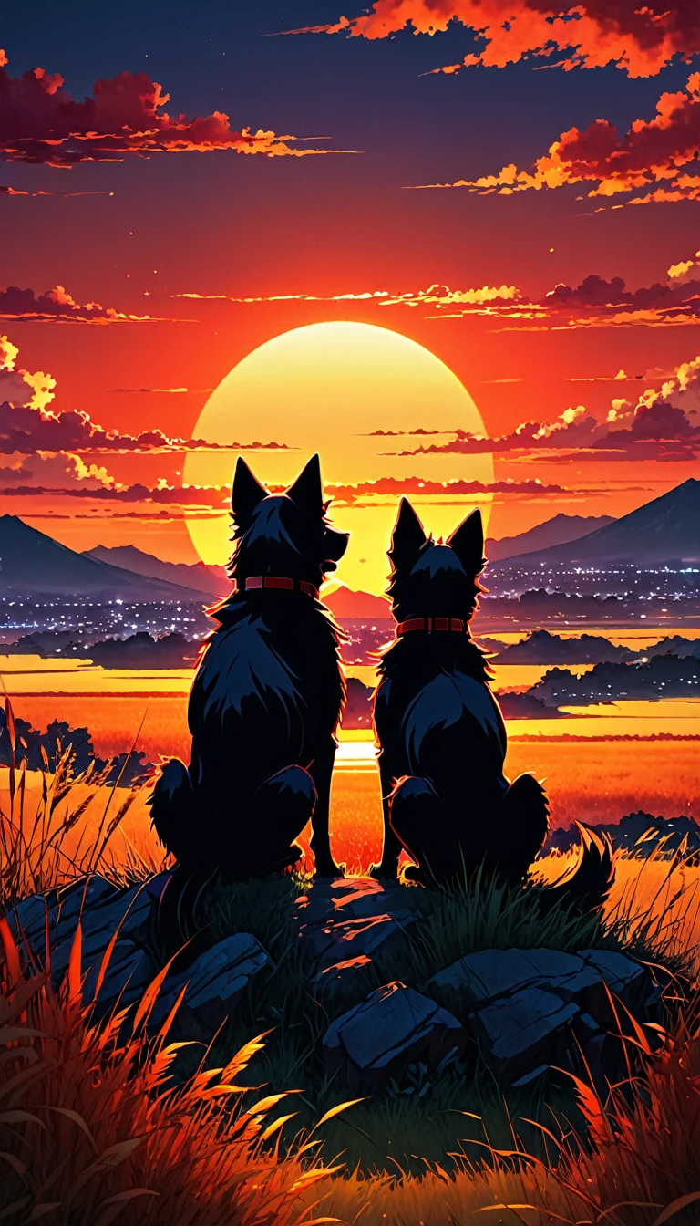 anime landscape of two dogs sitting on a hill with tall grasses watching a hellish orange and red sunset, serene sky anime nature wallpapers, beautiful anime scene, beautiful anime peace scene, Makoto Shinkai Cyril Rolando, beautiful anime scene, amazing wallpaper, anime art wallpaper 8k, anime background, artistic anime background, anime wallpaper 4k, anime art 4k wallpaper, anime wallpaper art 4k,