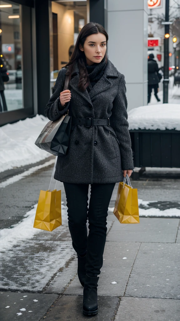 Woman, full length, walking, dressed in bold winter clothing, detailed face, dark hair, returning from shopping, detailed face, photo shot diagonally.