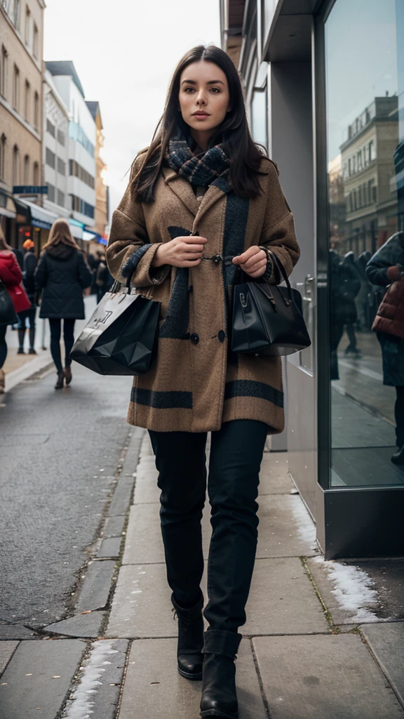 Woman, full length, walking, dressed in bold winter clothing, detailed face, dark hair, returning from shopping, detailed face, photo shot diagonally.