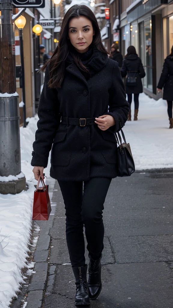 Woman, full length, walking, dressed in bold winter clothing, detailed face, dark hair, returning from shopping, detailed face, photo shot diagonally.