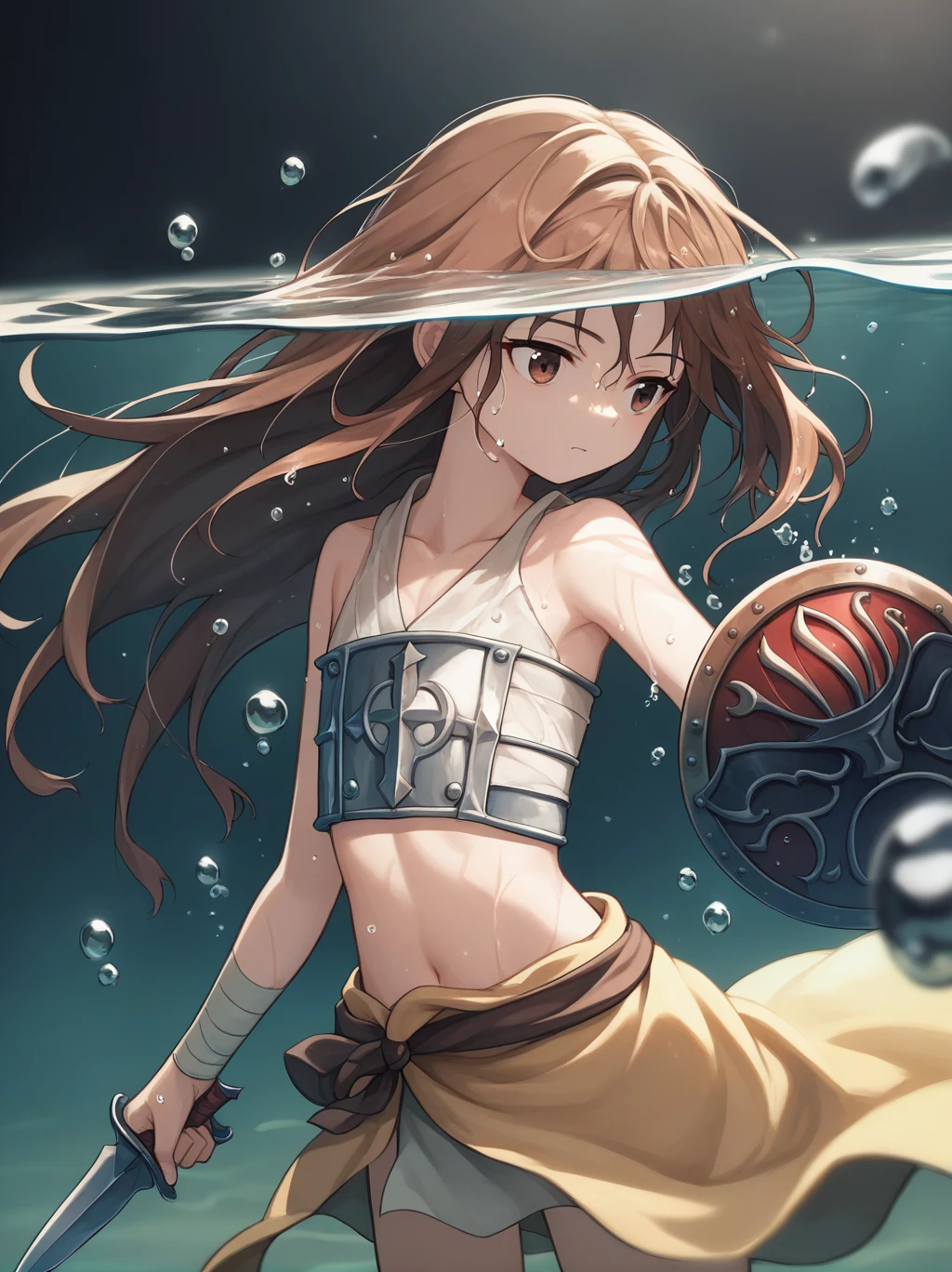 score_9, score_8_superior, score_7_superior, score_6_superior, sauce_anime, Partially underwater,最high quality,high quality,Simple cloth armor, One girl, Long Hair, Brown Hair, Wet Hair, Dark Background, Blurred Edges,8-year-old,Adventurer,Flat Chest,Pitch-dark underground labyrinth,No light,Robe,Equipped with a dagger and a shield,水面よりsuperiorの顔,Body in water, Underwater Photography,The skirt flips up due to buoyancy