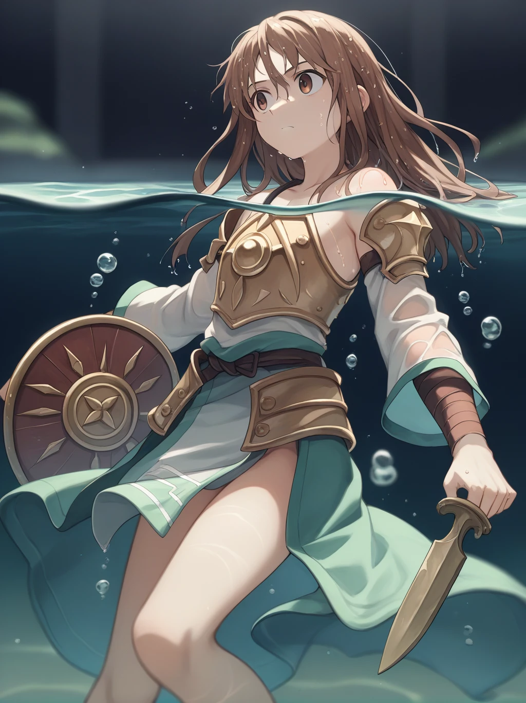 score_9, score_8_superior, score_7_superior, score_6_superior, sauce_anime, Partially underwater,最high quality,high quality,Simple cloth armor, One girl, Long Hair, Brown Hair, Wet Hair, Dark Background, Blurred Edges,8-year-old,Adventurer,Flat Chest,Pitch-dark underground labyrinth,No light,Robe,Equipped with a dagger and a shield,水面よりsuperiorの顔,Body in water, Underwater Photography,The skirt flips up due to buoyancy