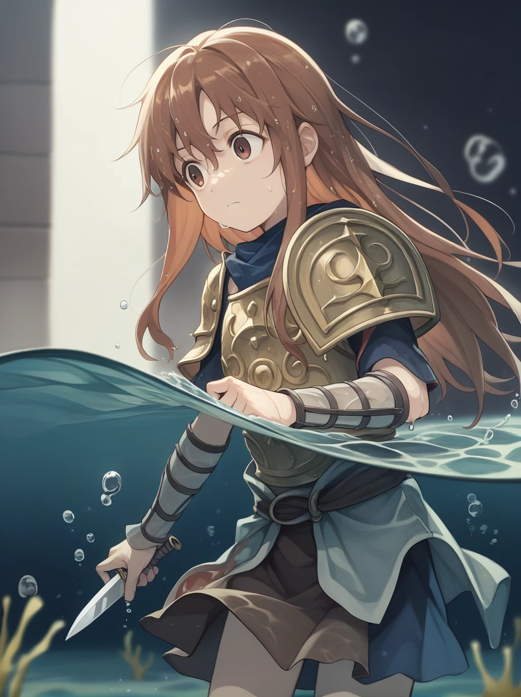 score_9, score_8_superior, score_7_superior, score_6_superior, sauce_anime, Partially underwater,最high quality,high quality,Simple cloth armor, One girl, Long Hair, Brown Hair, Wet Hair, Dark Background, Blurred Edges,8--old,enturer,Flat Chest,Pitch-dark underground labyrinth,No light,Robe,Equipped with a dagger and a shield,水面よりsuperiorの顔,Body in water, Underwater Photography,The skirt flips up due to buoyancy