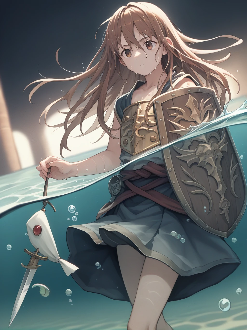 score_9, score_8_superior, score_7_superior, score_6_superior, sauce_anime, Partially underwater,最high quality,high quality,Simple cloth armor, One girl, Long Hair, Brown Hair, Wet Hair, Dark Background, Blurred Edges,8-year-old,Adventurer,Flat Chest,Pitch-dark underground labyrinth,No light,Robe,Equipped with a dagger and a shield,水面よりsuperiorの顔,Body in water, Underwater Photography,The skirt flips up due to buoyancy