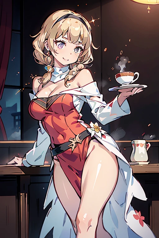 (((Masterpiece))),(((Super Detail))),(((in 8K))),(((best composition))),(((Rim lighting,Fireglow effect,deep shadow))),solo),Beautiful fingers,Detailed finger features,(Detailed hair features:1.7),(Dynamic and sexy bending pose:1.3),detailed facial features,detailed clothes features, (perky chest:1.1), (pointed chest:1.3), delicate beautiful face, Bright blue eyes, cute eyes, sparkling eyes, Big eyes, beautiful detailed eyes,double bun with glittering hair ornament:0.6,(super detailed glossy skin:1.3),slender body,goddess smile,((with sparkling eyes and a contagious smile)),beautiful posture,have a cup of coffee,black hair, red eyes, dress, bare shoulders, jewelry, collarbone, sidelocks, hairband, earrings, indoors, off shoulder, sweater, arms behind back, plant, short hair with long locks, white hairband, off-shoulder dress, sweater dress, off-shoulder sweater, red sweater, big side hair, very long side hair,(super delicate floral pattern:1.2),seductive cleavage:1.3,beautiful glossy legs,shiny red high heels,lifting dishes with cakesd,french restaurant,hustle and bustle,rising steam,(((depth of fields)))