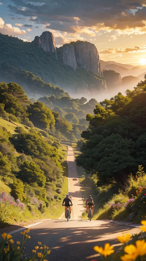 Two cyclists riding vintage road bikes on a serpentine mountain trail, their forms silhouetted against a golden hour sky with dramatic beams of sunlight piercing through clouds and highlighting rocky cliff faces, wildflowers in the foreground framing the twisting path ahead ascending into the peaks.