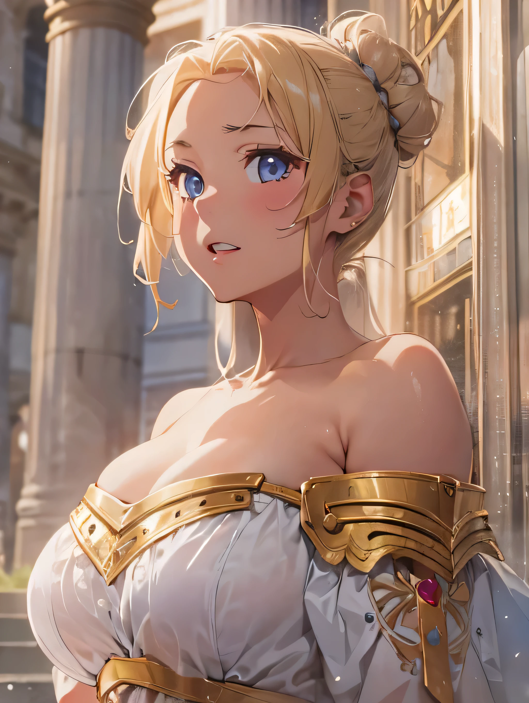 Masterpiece, 8k quality, highly detailed, one girl, ((blonde hair in a bun)), (off the shoulders white and gold goddess dress), ((small breast)), thick thighs, Roman pillars background, ((slightly chubby and plump)))