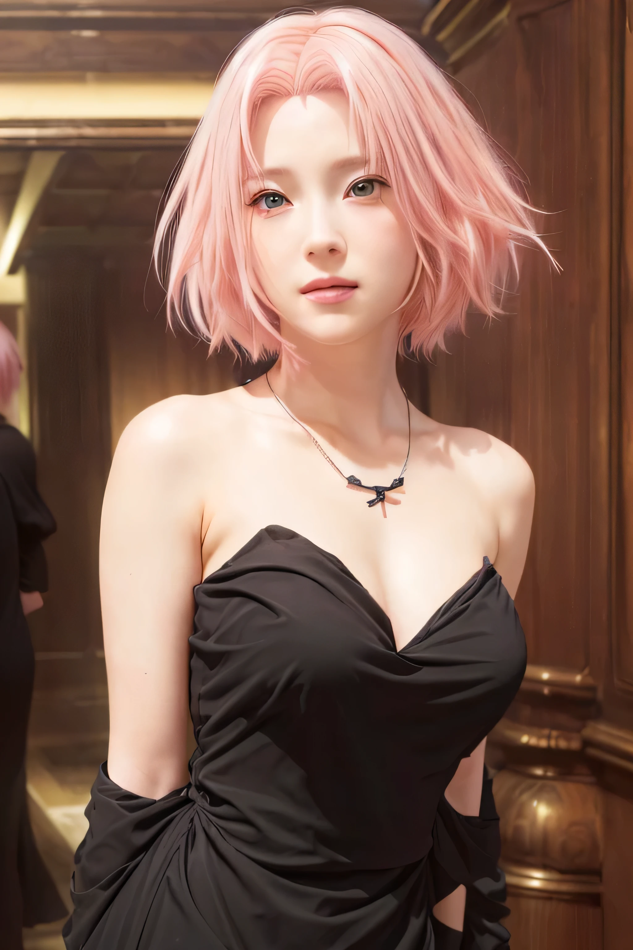 masterpiece, best quality, (realistic,photo-realistic:1.4), (RAW photo:1.2), extremely detailed CG unity 8k wallpaper, delicate and beautiful, amazing,finely detail, official art, absurdres, incredibly absurdres, huge filesize, ultra-detailed,extremely detailed eyes and face,light on face,(little smile),haruno sakura,(pink hair:1.4),(short hair:1.4),(medium breast:1.4),,(wearing black dress:1.5),(room background:1.4),necklance