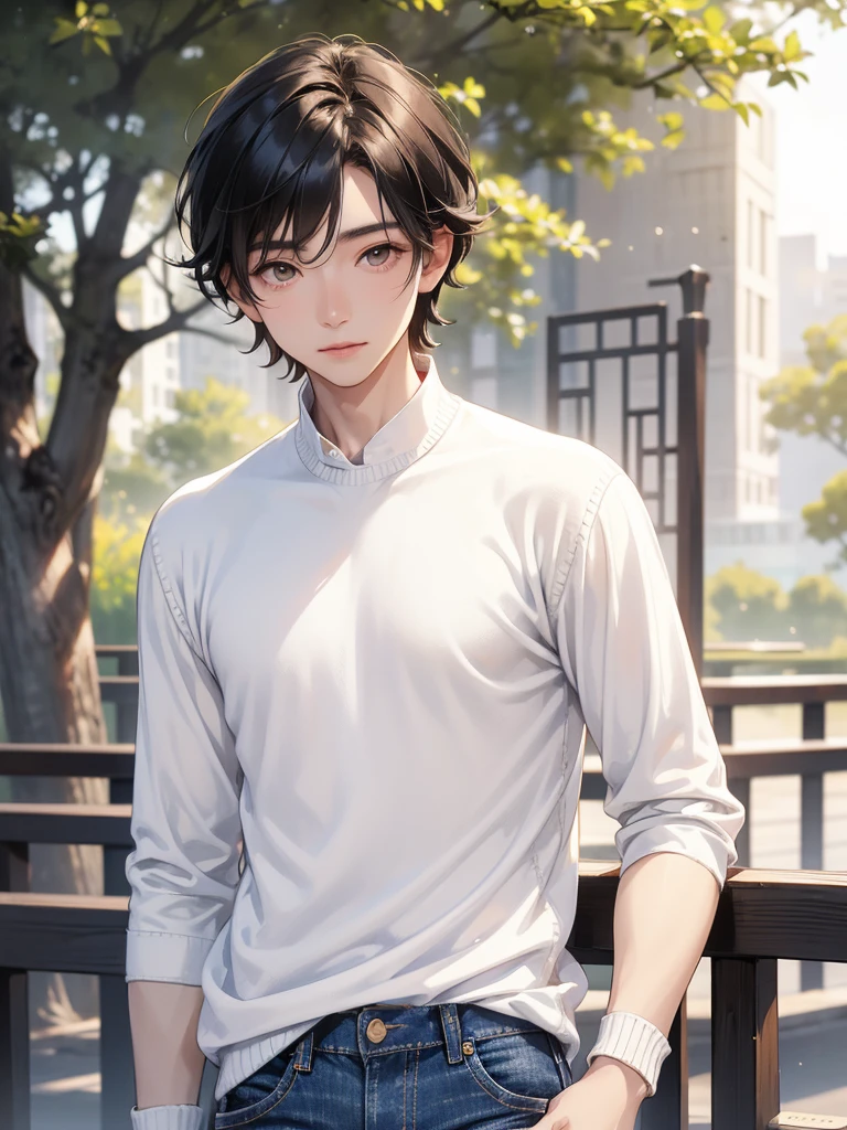 1 boy, 16 years old, short hair, black hair, slightly messy hair, brown eyes, chinese face shaped, white skin, gentle smile, tall, slim, wear casual attire, (((pencil jeans))), (((white shirt))), (((sweater))), background at the park
