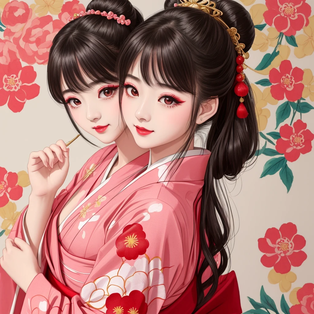 Each has a different expression2People and sisters、(2 girls)、⦅Dancing traditional arts with grace)、((Big Breasts、Small Face、Not exposed))、Highest quality、masterpiece、(Black Hair、Bun Hair)、Brown Eyes、⦅Wide angle、Angle from above the waist、雑誌の表紙のPause、Their gazes are different, staring into the distance⦆、(8K High Quality、masterpiece、High resolution、Realistic and beautiful light and shadow、(Highest quality)、(High Resolution)、(Very delicate and beautiful)、(Beautiful 8k face)、(With a smile、Beautiful eyes)、(Clear skin)、(Soft hair)、(8Head to Body)、(A Japanese-style yukata kimono with red, pink, orange and blue floral patterns on a white background, interspersed with gold powder、Wearing a yukata2Beautiful Japanese girls)、((Tanabata decoration background))、((Small Face))、(arms up)、Thin and small nose、(Red lipstick)、(Make your cheeks red)、(Glossy skin)、((Ink painting style))、Very thin eyebrows、Overall ultra-high image quality、(She is wearing maiko-style makeup.)、Whitening、Long and beautiful eyelashes、Glowing Skin、(Red cheeks),Straight nose、masterpiece、Highest quality、whole body、 Eyebrows visible through hair、Bun Hair、Grin、Gal、コGal、Viewer's Eyes、Plaid、Stylish、woman、fine、Pause、
Waiting to start