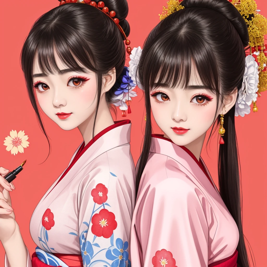 Each has a different expression2People and sisters、(2 girls)、⦅Dancing traditional arts with grace)、((Big Breasts、Small Face、Not exposed))、Highest quality、masterpiece、(Black Hair、Bun Hair)、Brown Eyes、⦅Wide angle、Angle from above the waist、雑誌の表紙のPause、Their gazes are different, staring into the distance⦆、(8K High Quality、masterpiece、High resolution、Realistic and beautiful light and shadow、(Highest quality)、(High Resolution)、(Very delicate and beautiful)、(Beautiful 8k face)、(With a smile、Beautiful eyes)、(Clear skin)、(Soft hair)、(8Head to Body)、(A Japanese-style yukata kimono with red, pink, orange and blue floral patterns on a white background, interspersed with gold powder、Wearing a yukata2Beautiful Japanese girls)、((Tanabata decoration background))、((Small Face))、(arms up)、Thin and small nose、(Red lipstick)、(Make your cheeks red)、(Glossy skin)、((Ink painting style))、Very thin eyebrows、Overall ultra-high image quality、(She is wearing maiko-style makeup.)、Whitening、Long and beautiful eyelashes、Glowing Skin、(Red cheeks),Straight nose、masterpiece、Highest quality、whole body、 Eyebrows visible through hair、Bun Hair、Grin、Gal、コGal、Viewer's Eyes、Plaid、Stylish、woman、fine、Pause、
Waiting to start
