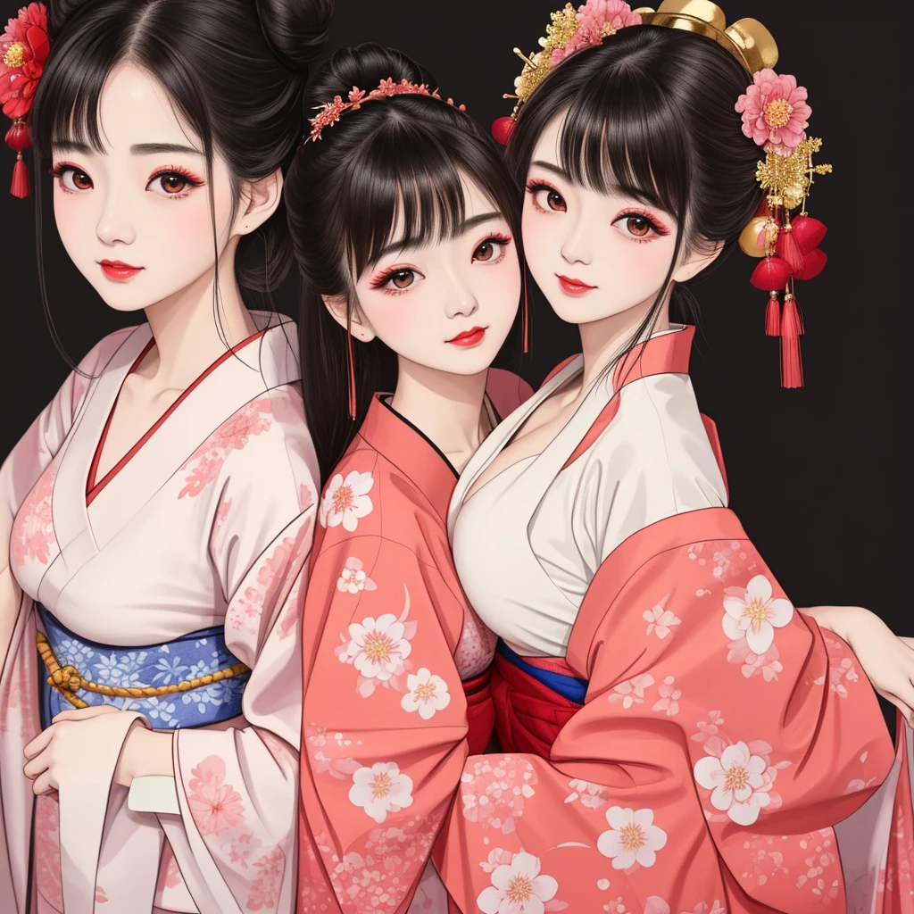 Each has a different expression２People and sisters、(２ girls）、｟Dancing traditional arts with grace)、((Big Breasts、Small Face、Not exposed))、Highest quality、masterpiece、（Black Hair、Bun Hair）、Brown Eyes、｟Wide angle、Angle from above the waist、雑誌の表紙のPause、Their gazes are different, staring into the distance｠、(８K High Quality、masterpiece、High resolution、Realistic and beautiful light and shadow、(Highest quality)、(High Resolution)、(Very delicate and beautiful)、(Beautiful 8k face)、(With a smile、Beautiful eyes)、(Clear skin)、(Soft hair)、(８Head to Body)、(A Japanese-style yukata kimono with red, pink, orange and blue floral patterns on a white background, interspersed with gold powder、Wearing a yukata２Beautiful Japanese girls)、((Tanabata decoration background))、((Small Face))、(arms up)、Thin and small nose、（Red lipstick）、（Make your cheeks red）、（Glossy skin）、((Ink painting style))、Very thin eyebrows、Overall ultra-high image quality、（She is wearing maiko-style makeup.）、Whitening、Long and beautiful eyelashes、Glowing Skin、（Red cheeks）,Straight nose、masterpiece、Highest quality、whole body、 Eyebrows visible through hair、Bun Hair、Grin、Gal、コGal、Viewer&#39;s Eyes、Plaid、Stylish、woman、fine、Pause、
Waiting to start 
