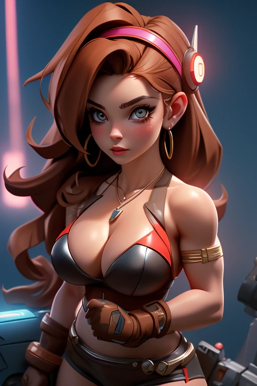 Best quality, masterpiece, ultra high res,photorealistic, raw photo,best quality,global illumination,8k wallpaper,official art, Amazing, finely detail,huge filesize, ultra-detailed,1girl, Bikini ,(extremely detailed eyes and face:1.2),(cyberpunk,24-year old),(incredibly absurdres),(thick arms, thick) 1.3,(thick arms), very flat chest, bump: 1.5), bodybuilding, 1girl, red_gloves, jewelry, gloves, necklace, solo, shorts, strapless, waving, long_hair, dress, lips, hairband, bare_shoulders, brown_hair, realistic, brown_eyes, earrings, breasts, (Kinessa from the Pladins game), giant breasts, uncensored, naked,