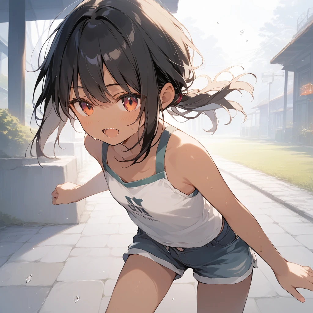 score_9, score_8_up, score_7_up, source_anime, best quality, masterpiece, official art, absurdres, highres, ultra-detailed,waifu2x,Collection: Slice of Life,break,1girl, tomboy, dark-skinned female, short hair, low ponytail, flat chest, beautiful detailed eyes, short shorts, sweat, open mouth, (yawn:0.3), sleepily, outdoors, wind, break,(clear line illustration:1.2),very high resolution, very aesthetic, super detailed skin, Best sexual lighting powered by famous artist, 8k,cute picture,beauty illustration,photoshop_(medium),,(Detailed Lighting),best anime 8k konachan wallpaper, pixiv contest winner,