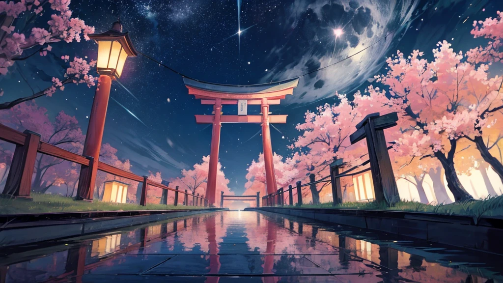 Draw a high resolution scene from lofi anime, 16mm view of a torii surrounded by fireflies on a bridge over a lake, sakura trees, full moon night, reflection, wide open cloudy starry sky, dark vibe, lanterns hanging from the bridge, light, couleurs vives, peaceful, tons de couleurs naturels, cloudy sky, beautiful color palette, couleurs saturées vibrantes, masterpiece, pas d'humain, wallpapaer