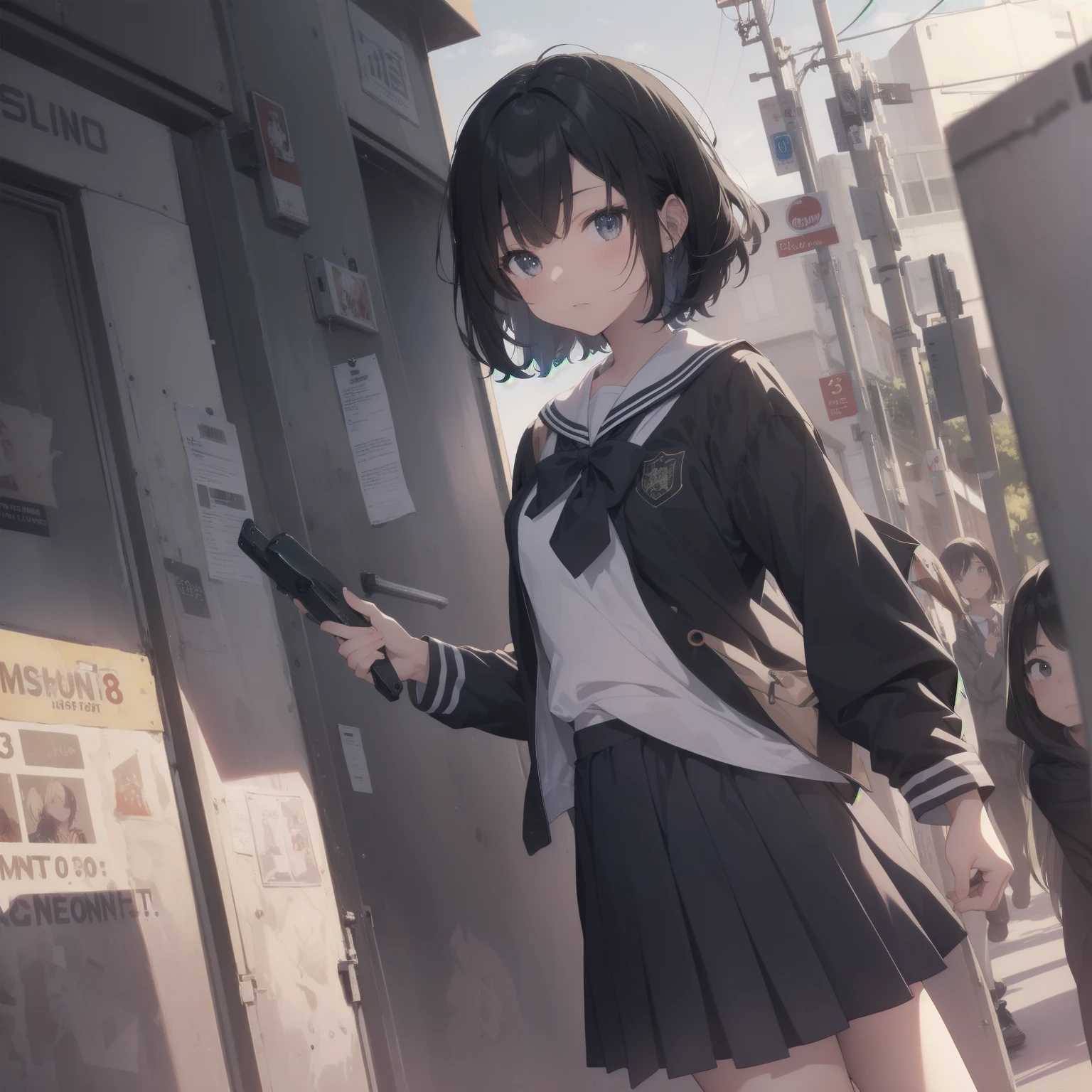 ultra-absurdres-Top quality by artist God, ultra-detailed, high resolution, anime moe artstyle, best anime 8k konachan wallpaper, pixiv contest winner, pool:2810, perfect anatomy,break, 1girl, (Please draw a girl walking sleepily to school alone. )break,(Solo,little female, 13-year-old:1.3),Full limbs, complete fingers,a junior high school student, (very short hair), short cut, flat chest, , small butt, small black eyes, beautiful detailed eyes, well-proportioned iris and pupils, expressive eyes, highres detailed hair, soft expression, salor school_uniform, sailor collar, serahuku, bow, pleated skirt,(Detailed Lighting), (Detailed background), in the School commute route. break,super detailed skin, Best cinematic lighting powered by famous artist, 8k,beauty illustration,photoshop_(medium),very aesthetic,break,((artist:saiguchi_otoufu )), artist:clamp ,artist:carnelian ,artist:kantoku ,
