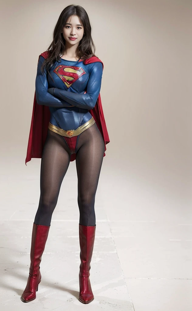 No background、(((Beautiful legs in black tights.)))、(((Legally express the beauty of your smile)))、((((Make the most of your original images)))、(((Supergirl Costume)))、(((Beautiful very short hair)))、(((suffering)))、(((Please wear black tights....、Wear red boots)))、((Best image quality、8K))、((Highest quality、8K、masterpiece:1.3))、(((Preserve background )))、Sharp focus:1.2、Beautiful woman with perfect figure:1.4、Slim Abs:1.2、Wet body:1.5、Highly detailed face and skin texture、8K