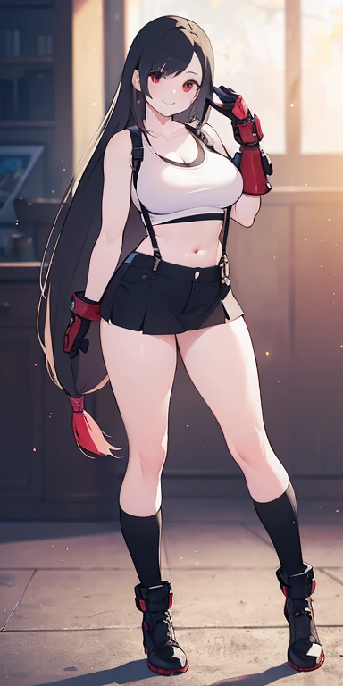 (8K, best quality, masterpiece:1.2), (Practical, photo-Practical:1.37), (whole body), 1female Solitary girl, permanent, , (broad stance) permanent contrapposto, Extremely detailed, 1 girl,Lovely, Solitary, (Tifa Lockhart), (Large :1.5),(((Full and soft breastsHuge breasts))) (((e))) (beautifued Eye), (Smile:1.2), (Shut up), Clear focus, Depth of Field, Good composition, Final Fantasy VII, Very long straight hair, Hair bangs, ((Red_Eye)), complex, Bokeh, (Tetsuya Nomura style), Perfect breasts, White vest, Black Thspenders, Gloves, stocking, Fit body, sports, Wide hips, Thin waist, Toned arms, Exposing the belly, View from behind