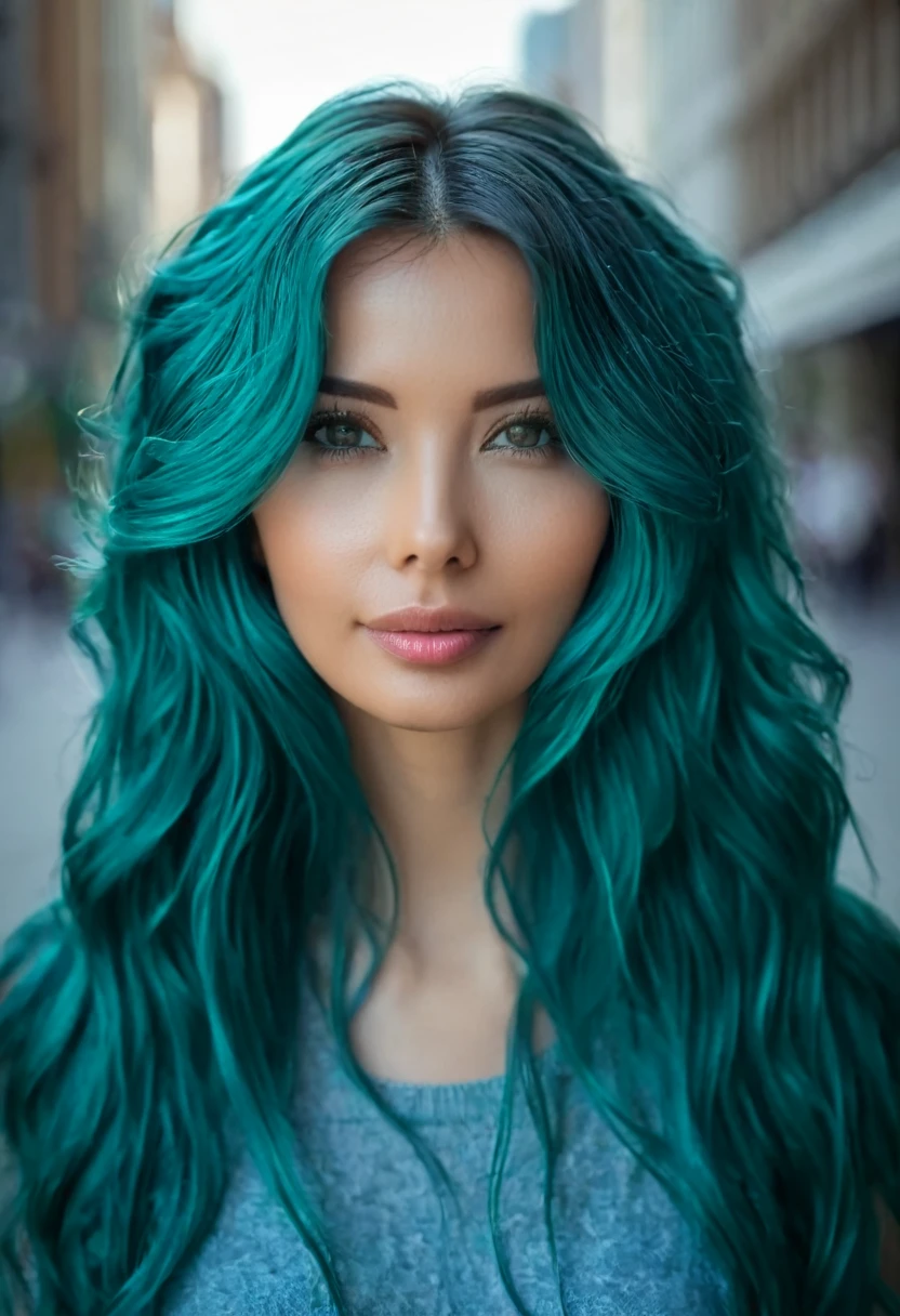 a woman hair teal stand in city portrait