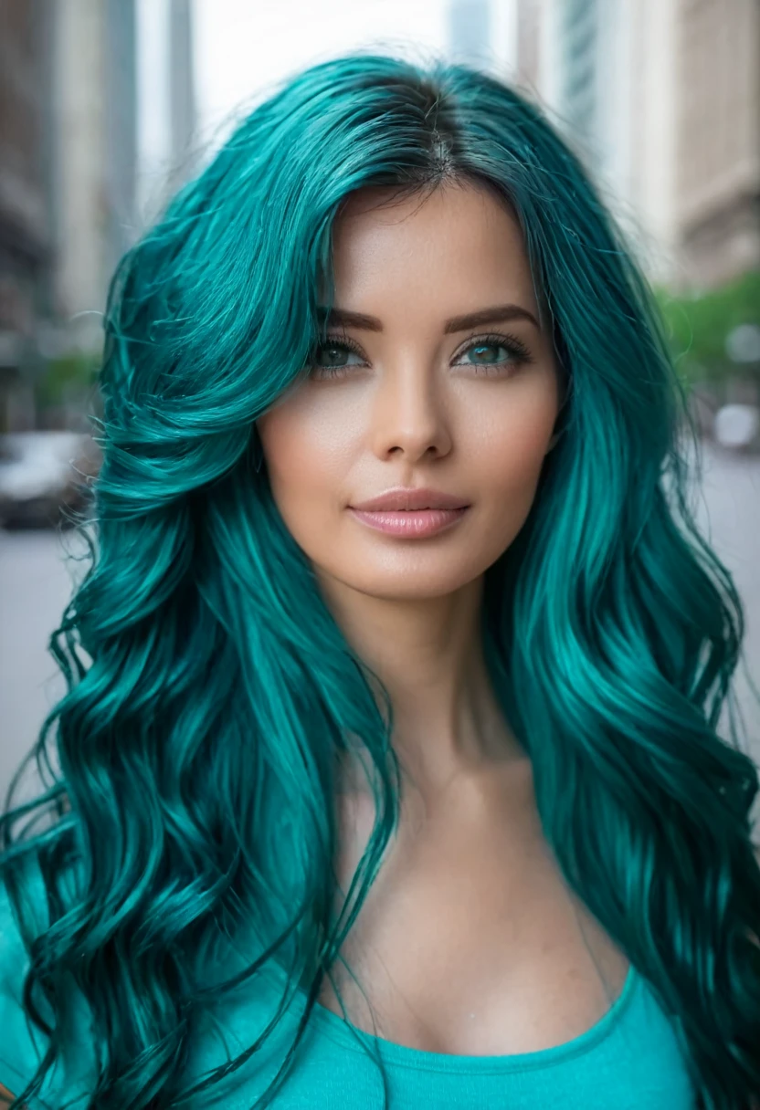 a woman hair teal stand in city portrait