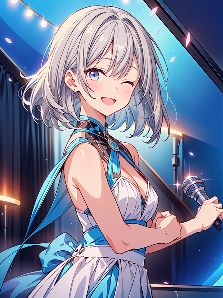 1girl,(((Highest quality、Masterpiece、Official Art、The best dynamic composition、HD、Super detailed)))、(((Gray and blue gradation hair)))、 concept art, Smiling with the best smile、Smiling with eyes closed、looks happy、Singing a song、Upper Body、Singing with a microphone、
