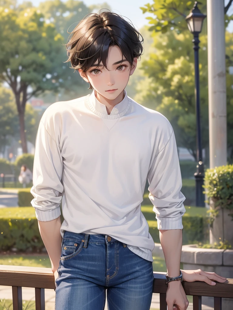 1 boy, , short hair, black hair, slightly messy hair, brown eyes, chinese face shaped, white skin, gentle smile, tall, slim, wear casual attire, (((pencil jeans))), (((white shirt))), (((sweater))), background at the park