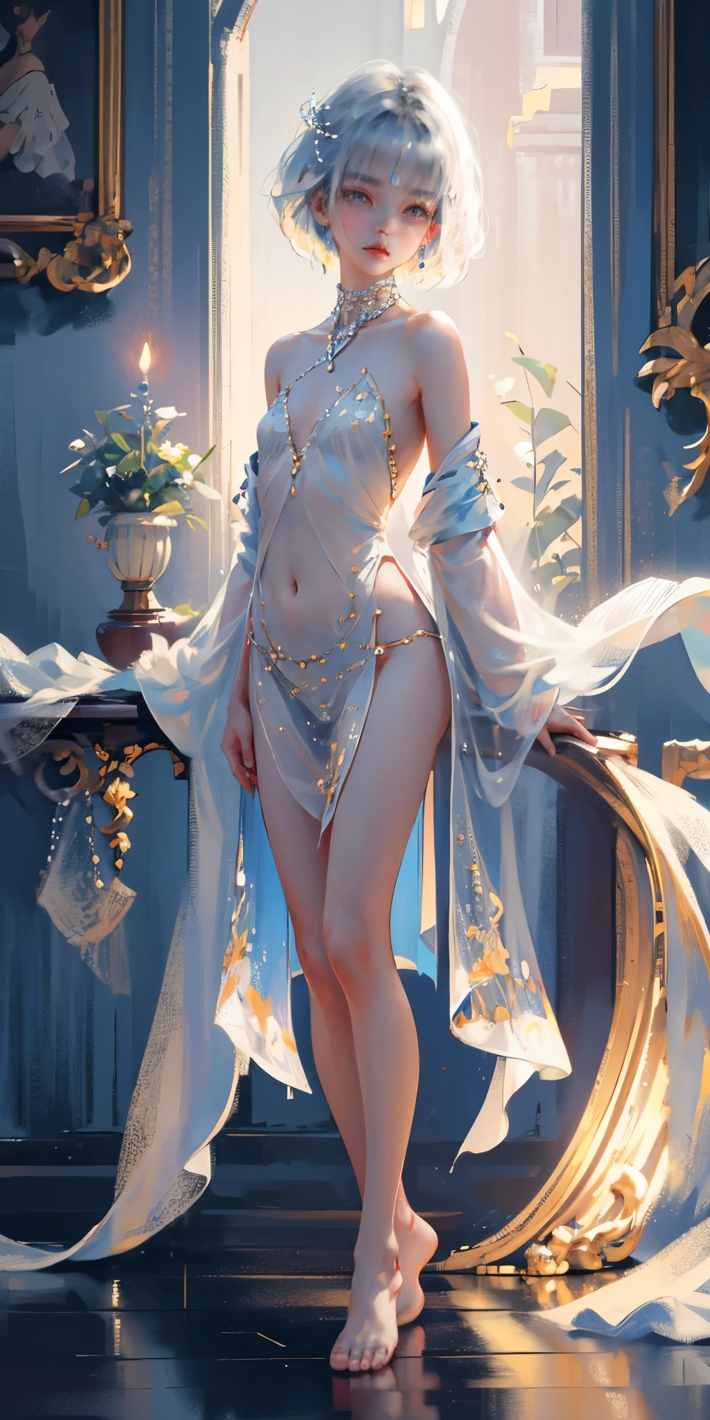 A girl、symmetry,Daughter,whole body 女恋,Put your hands together and bloom,(Very detailed:1.1),((small :1.2))、The eyes are well drawn、Charming eyes、Double tail、Wear jewelry and pearls around your neck,Transparent openwork、Deep V、Crystal Pearls、在Wear jewelry and pearls around your neck,white hair, show your thighs, Bare shoulders, Show Clavicle, Yao Liu, barefoot,((whole body))、painful posture