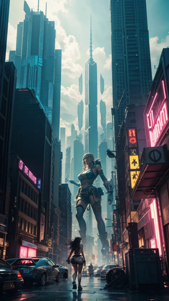 The giant girl wields a hammer and destroys the city,Girl sitting on a building,A giant woman in a bikini  lying on top of a cyberpunk city, Wear short skirts,Little guys running around the giant girl,style "Attack on Titan ",The little person panicked and ran away,Many cars pass by, Standing on her hand, cgsociety 9, 2. 5 d cgi fantasy art, engine rendering unreal + a goddess, full body cgsociety, artgerm ; Hyper realistic 3d content, giant art, super detailed 3d matte paintings, super detailed 3d matte paintings, realistic fantasy art, realistic 3 d anime style. Beautiful girl. Big thighs."The boy stood on the top of a high-rise building waving to the girl". Color ultra 4k.