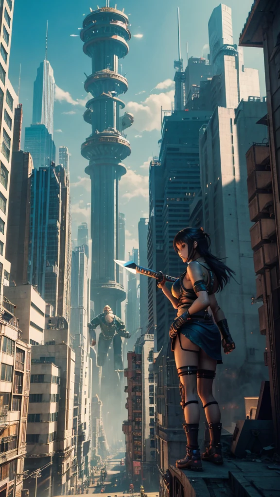 The giant girl wields a hammer and destroys the city,Girl sitting on a building,A giant woman in a bikini  lying on top of a cyberpunk city, Wear short skirts,Little guys running around the giant girl,style "Attack on Titan ",The little person panicked and ran away,Many cars pass by, Standing on her hand, cgsociety 9, 2. 5 d cgi fantasy art, engine rendering unreal + a goddess, full body cgsociety, artgerm ; Hyper realistic 3d content, giant art, super detailed 3d matte paintings, super detailed 3d matte paintings, realistic fantasy art, realistic 3 d anime style. Beautiful girl. Big thighs."The boy stood on the top of a high-rise building waving to the girl". Color ultra 4k.