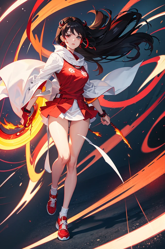 Rei Hino in street wear with fiery circles in the background.