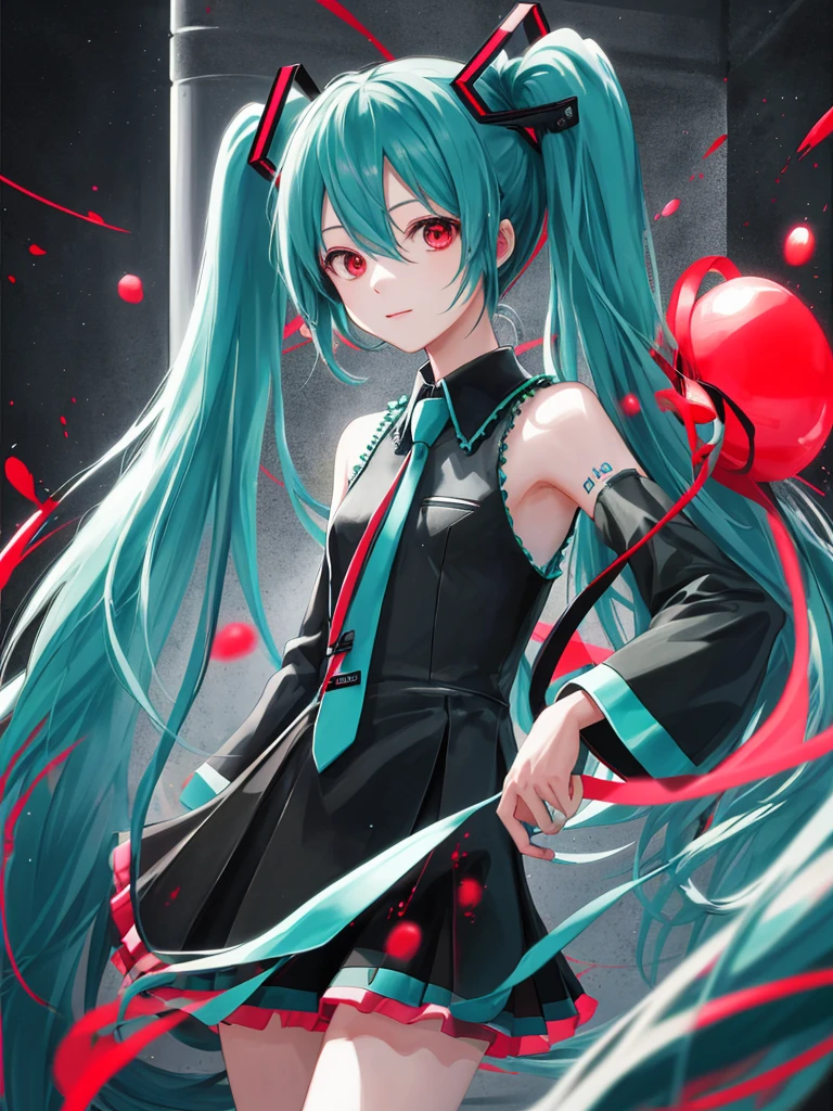 hatsune miku, red eyes, black hair
