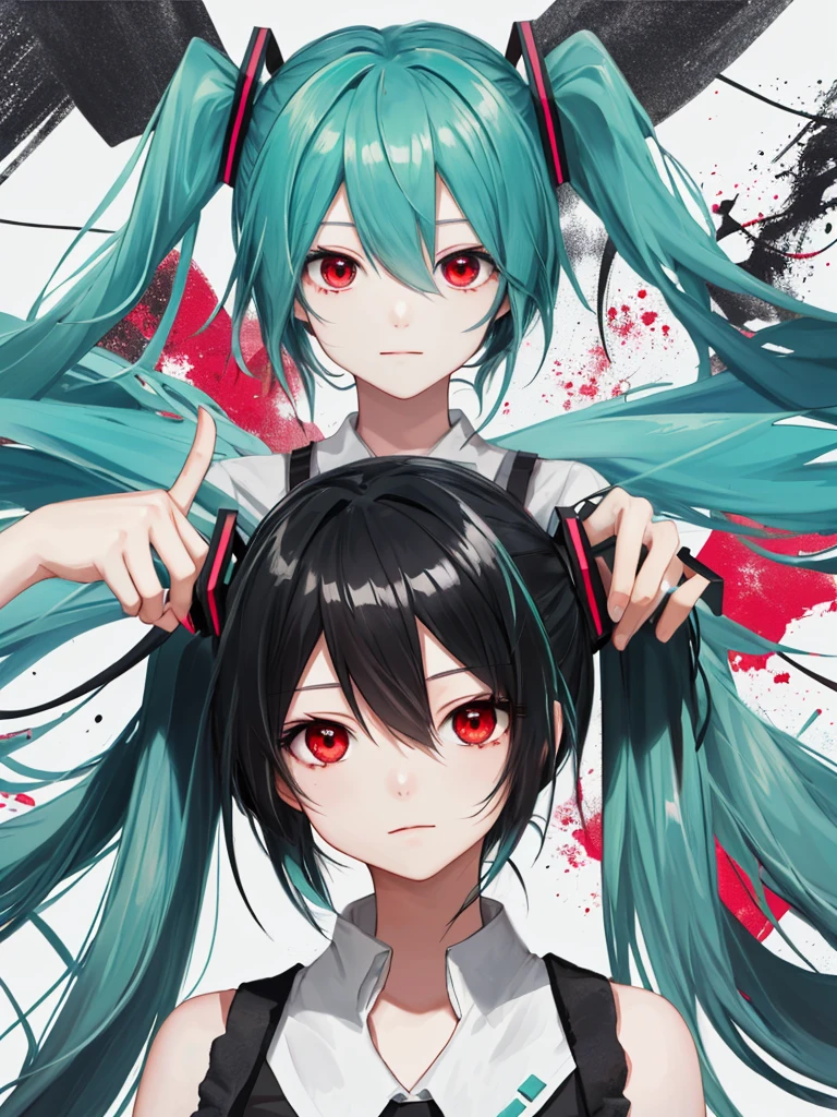hatsune miku, red eyes, black hair