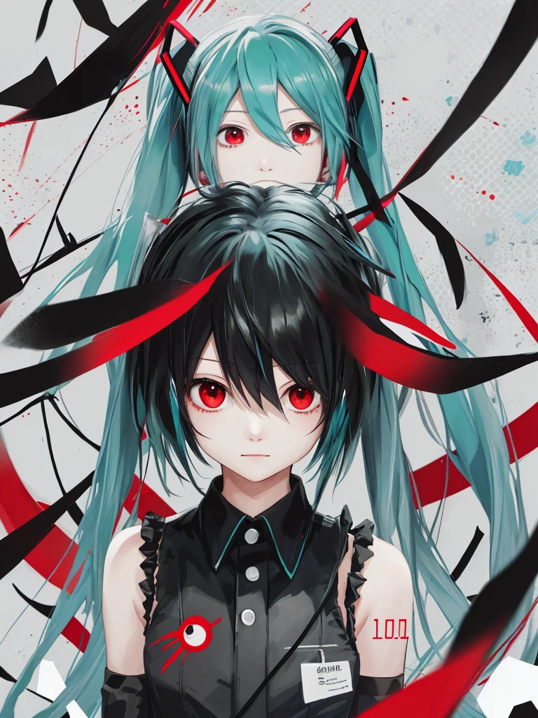 hatsune miku, red eyes, black hair