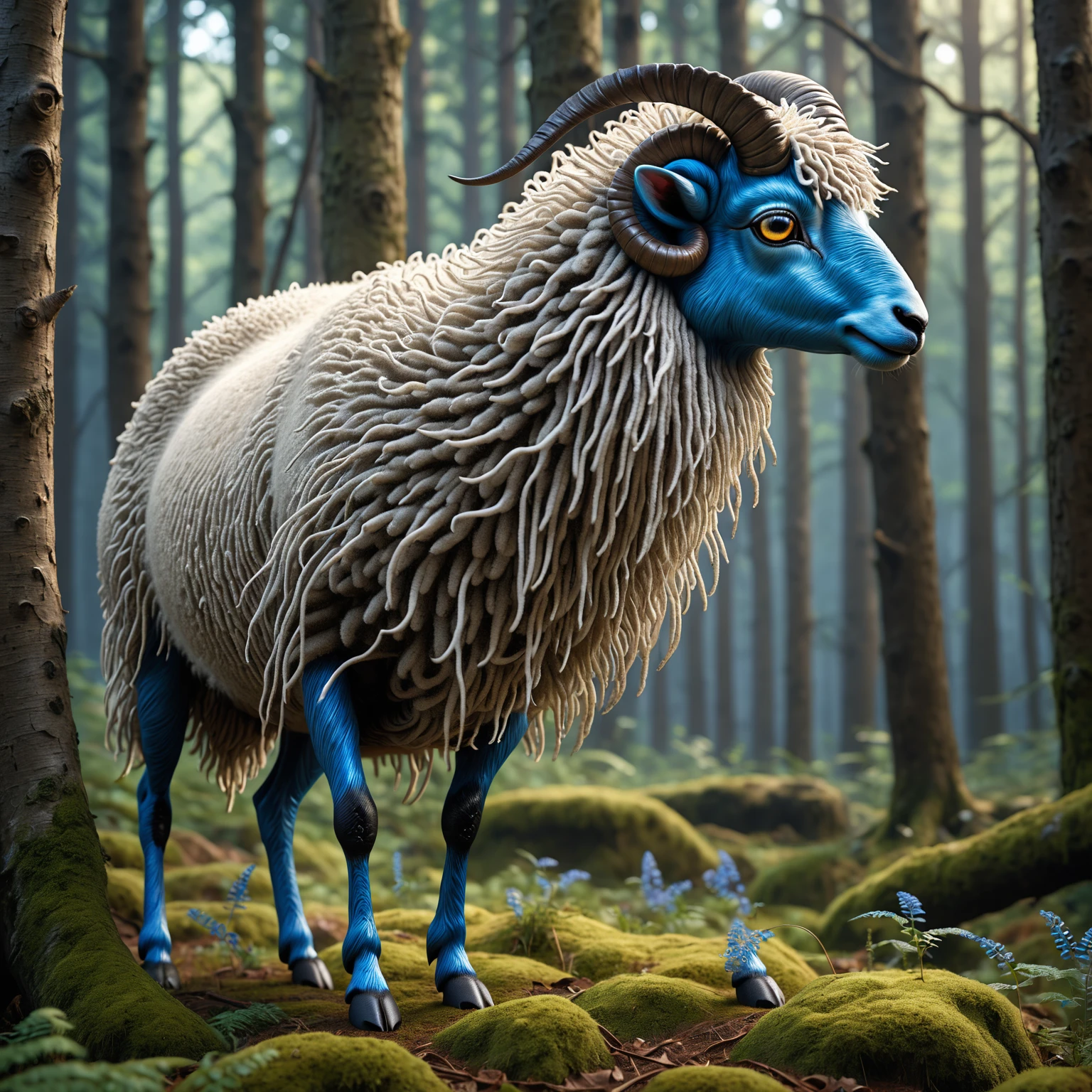 side view,There is a sheep in the forest,There are huge blue eyes on the back of the body,Four ears,Nine long tails,Mysterious Creatures, shrike, (best quality,4K,8K,High level,masterpiece:1.2),Ultra Detailed,(lifelike,Photo real,Photo real:1.37),Highly detailed animals,Complex patterns,Dramatic lighting,Fantasy Creatures
