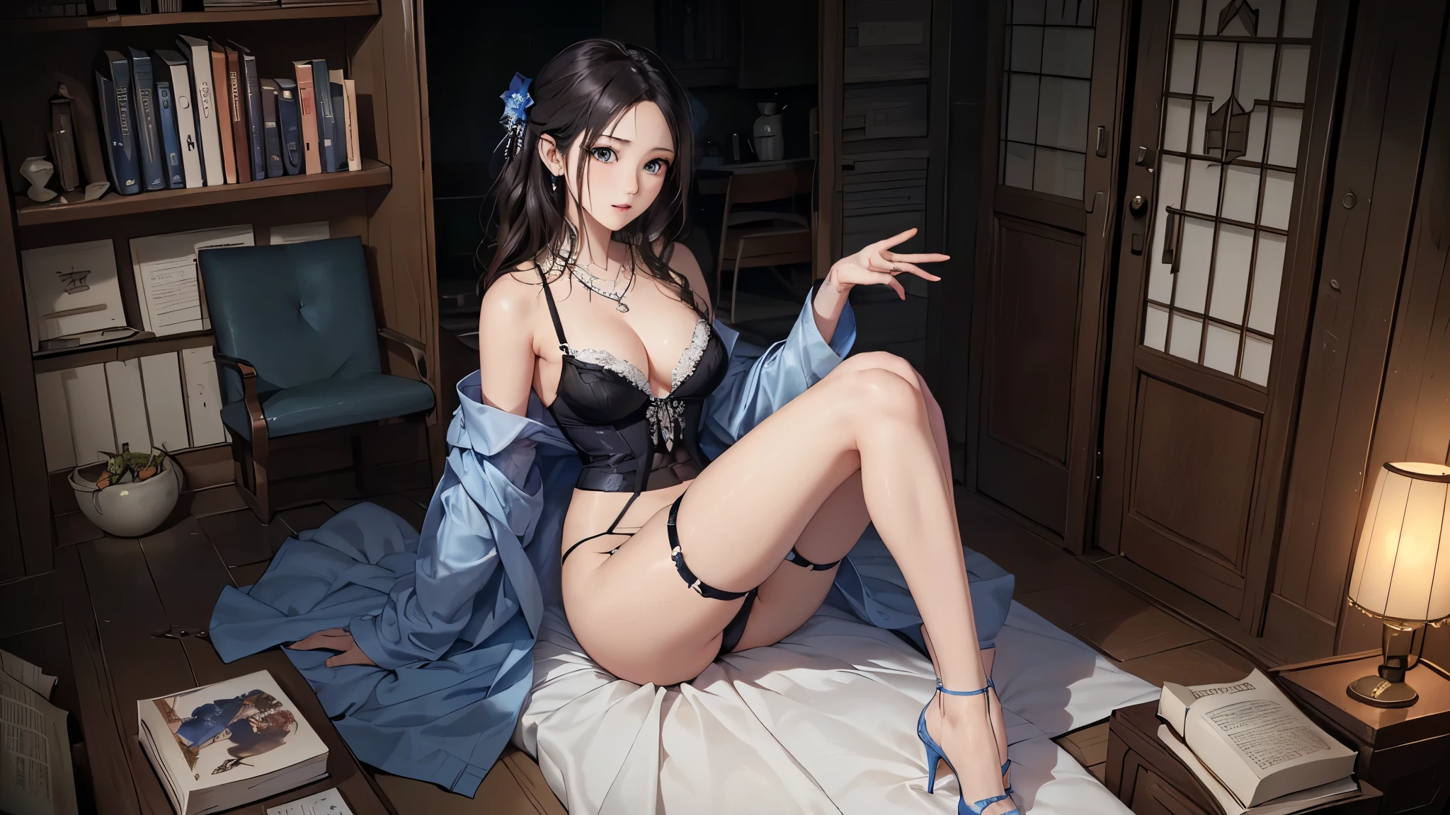 ((Biologically correct limb count))、((Full Body Shot, Full-body photo including face、Head to toe photos))、4K、masterpiece、((Focus on the face))、((Symmetrical facial features))、Eyes of meticulous depiction、One beautiful woman、Excellent style、（(Panties and bras、Garter belt and garter stockings、(High heels))）、Detailed Description、Small earrings、necklace、High angle、Looking up、Her dark blue wedding dress is open and her panties are showing.、(((足のBook数は２Book)))