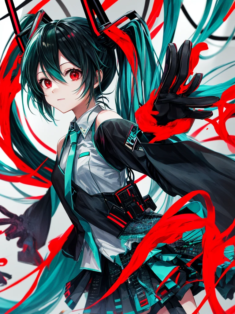 hatsune miku, red eyes, black hair