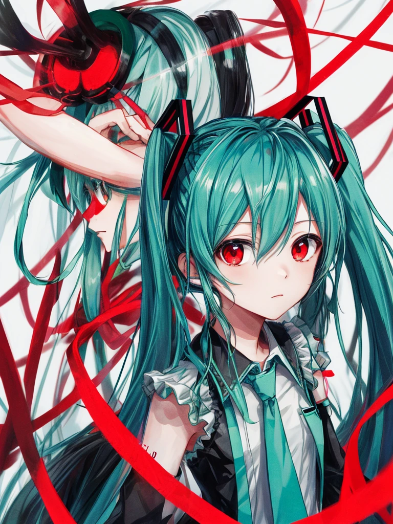 hatsune miku, red eyes, black hair