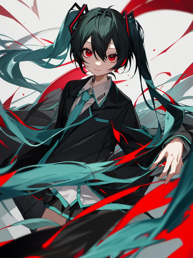 hatsune miku, red eyes, black hair