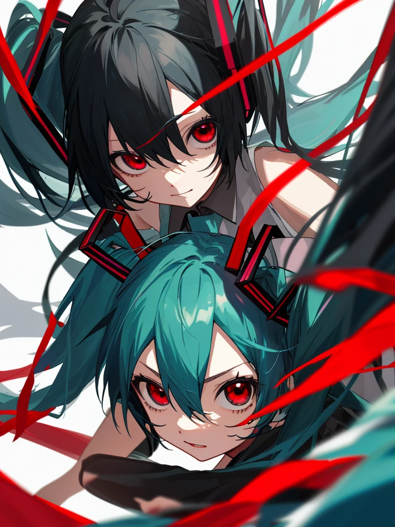hatsune miku, red eyes, black hair