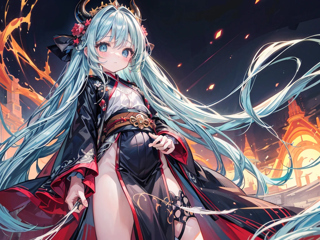 masterpiece, best quality, extremely detailed, (illustration, official art:1.1), 1 girl ,(((( light blue long hair)))), ,(((( light blue long hair)))),light blue hair, ,10 years old,loli, long hair ((blush)) , cute face, big eyes, masterpiece, best quality,(((((a very delicate and beautiful girl))))),Amazing,beautiful detailed eyes,blunt bangs((((little delicate girl)))),tareme(true beautiful:1.2), sense of depth,dynamic angle,,,, affectionate smile, (true beautiful:1.2),,(tiny 1girl model:1.2),)(flat chest),Wearing a black kimono,Red and black belt,Red and black cloak,He wears extremely large flaming black demon horns,The hem of the kimono skirt drops to the floor,Holding a huge flame in his hand,Surrounded by fire,The expression is sinister,Stand in a world burned to the end of the world,There is fire all over the background in the background,Flames erupted from the pupils,The body was burned by flames,radiating with light,Summon a Flame Dragon,bare-legged,Feet on the flames stand in the air