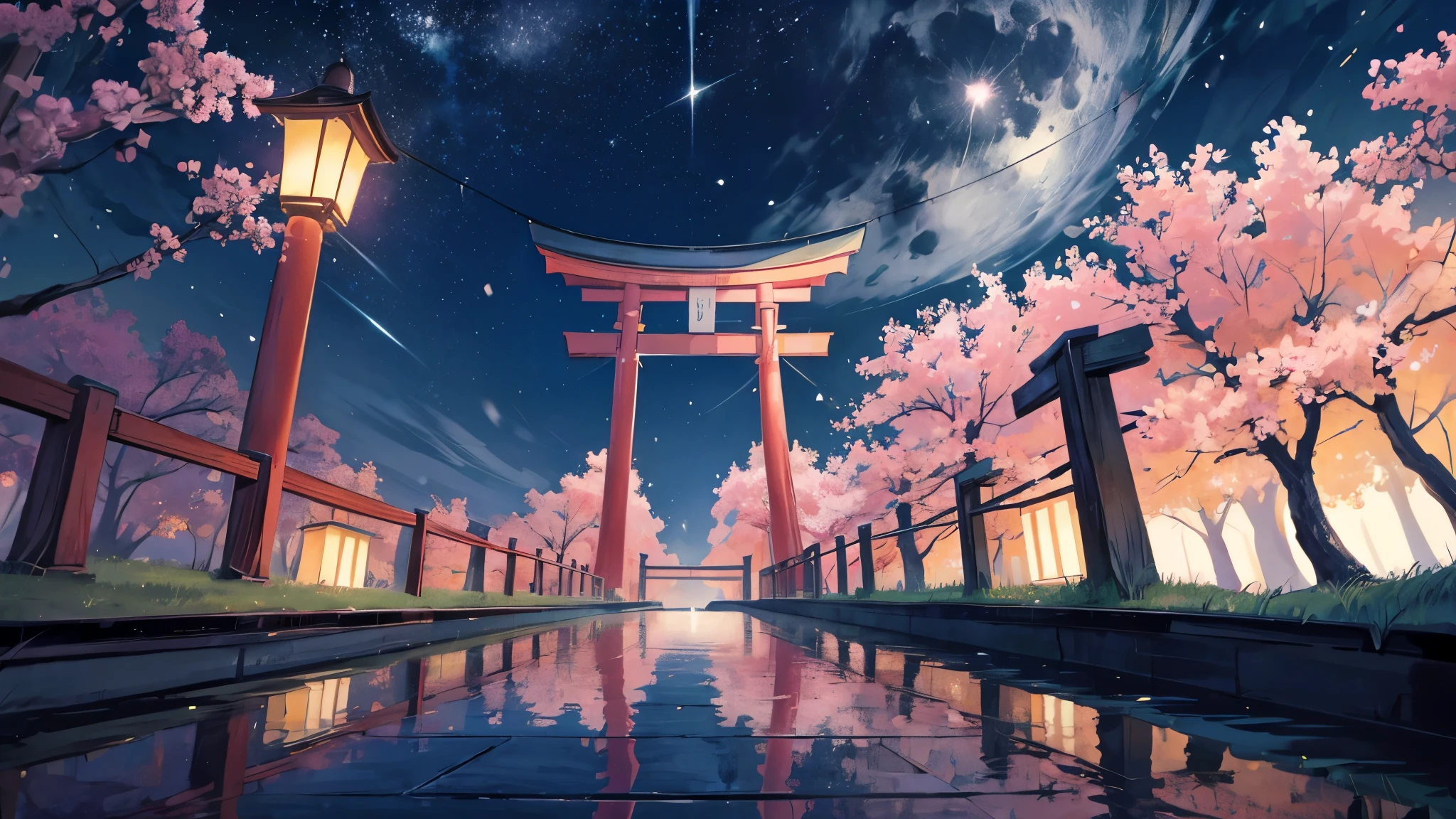 Draw a high resolution scene from lofi anime, 16mm view of a torii surrounded by fireflies on a bridge over a lake, sakura trees, full moon night, reflection, wide open cloudy starry sky, dark vibe, lanterns hanging from the bridge, light, couleurs vives, peaceful, tons de couleurs naturels, cloudy sky, beautiful color palette, couleurs saturées vibrantes, masterpiece, pas d'humain, wallpapaer
