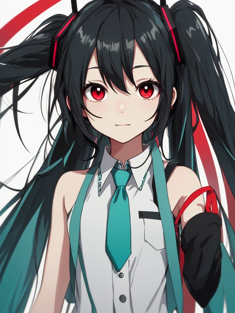 hatsune miku, red eyes, black hair