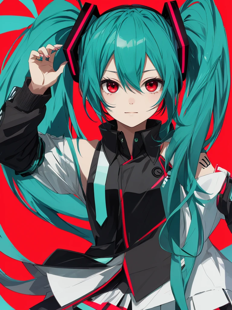 hatsune miku, red eyes, black hair